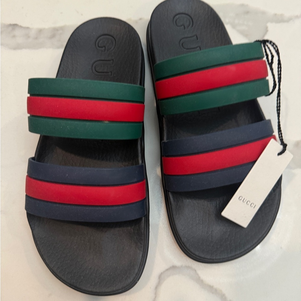 Gucci Black Slides with Red and Green Stripes
